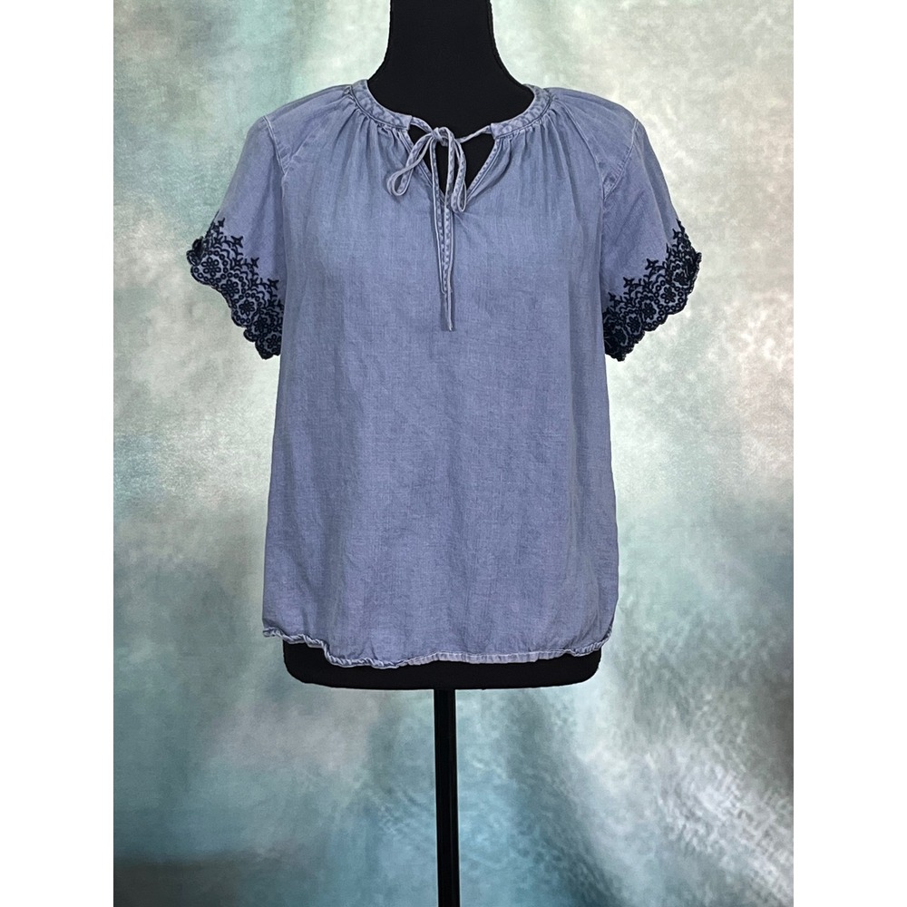 Nanette Lepore Womens Blue Lyocell Chambray Embroidered Tie Neck Blouse Medium